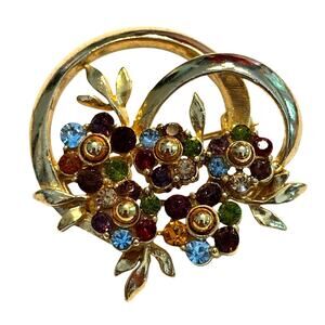 Vintage gold brooch faux pearl beads multicolor rhinestones flower floral pin